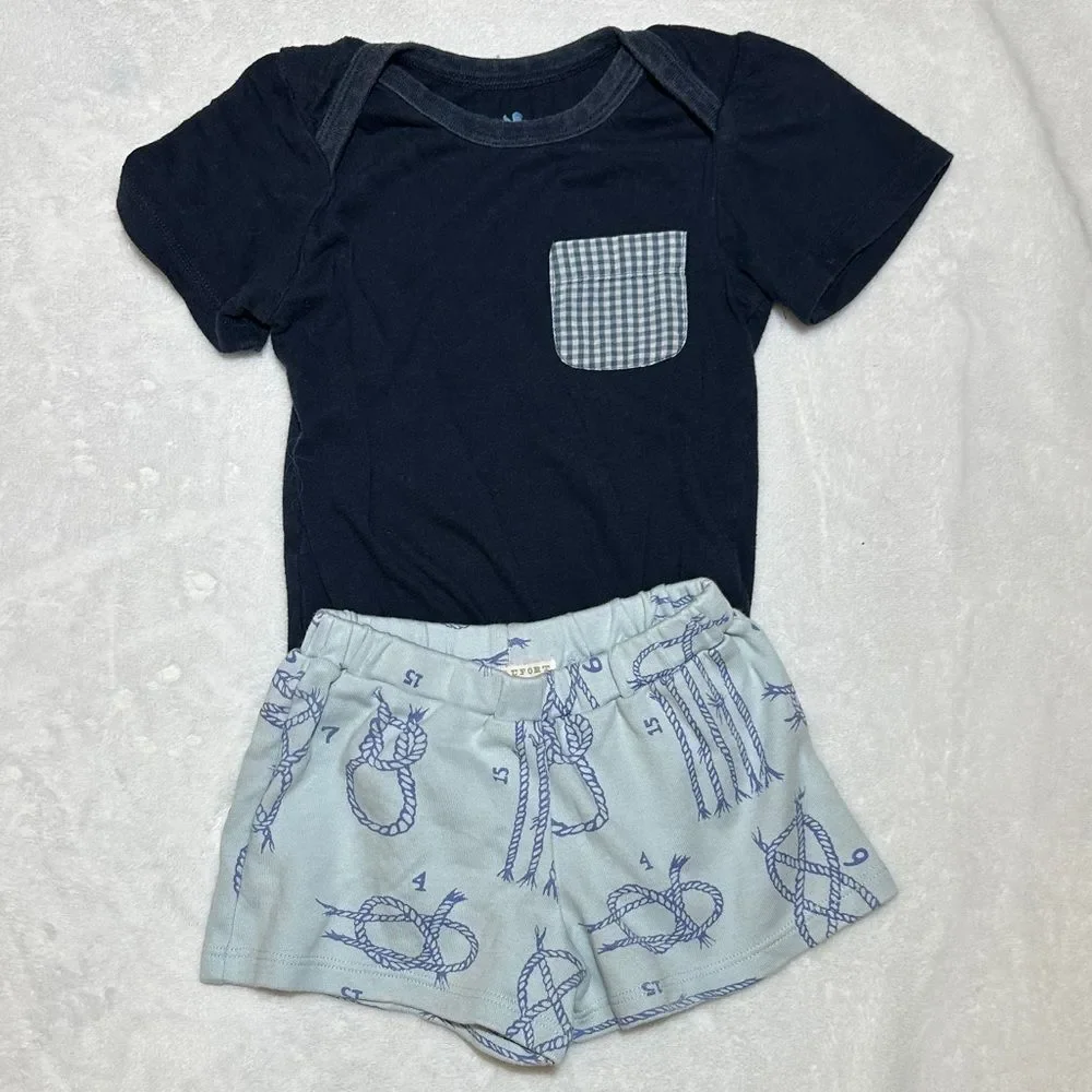 EUC The Beaufort Bonnet Co. nautical shorts & Blue Rooster pocket onesie 12/18mo